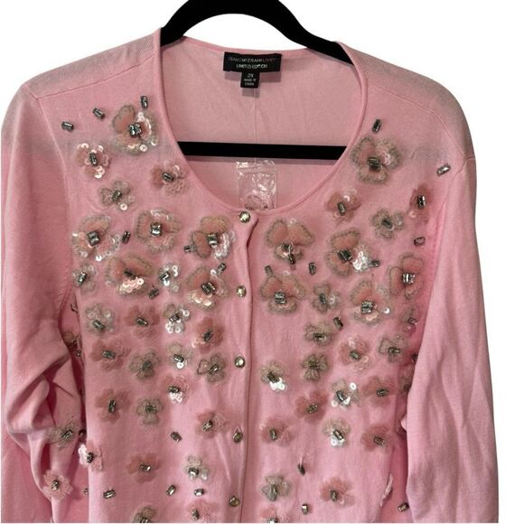 Izaac Mizrahi Pink Floral Beaded Sequin Cardigan Sweater - Picture 3 of 7